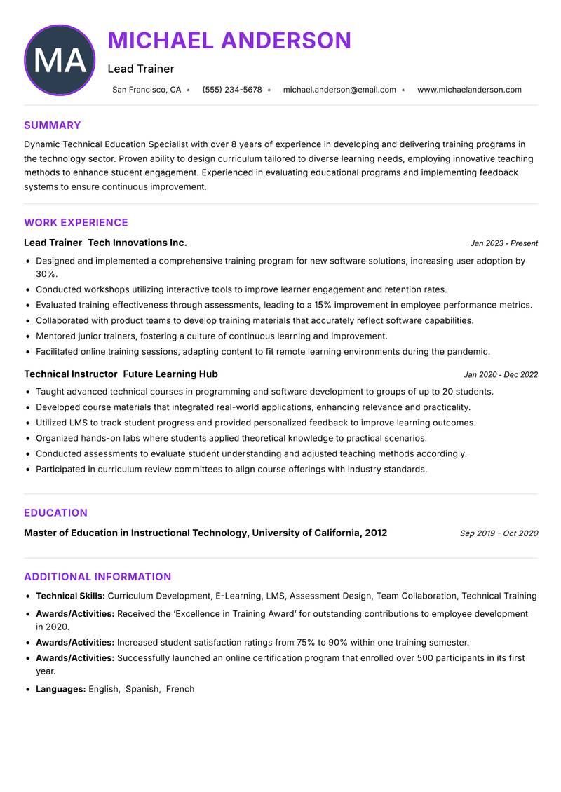 Technical Education Specialist Resume Preview Example
