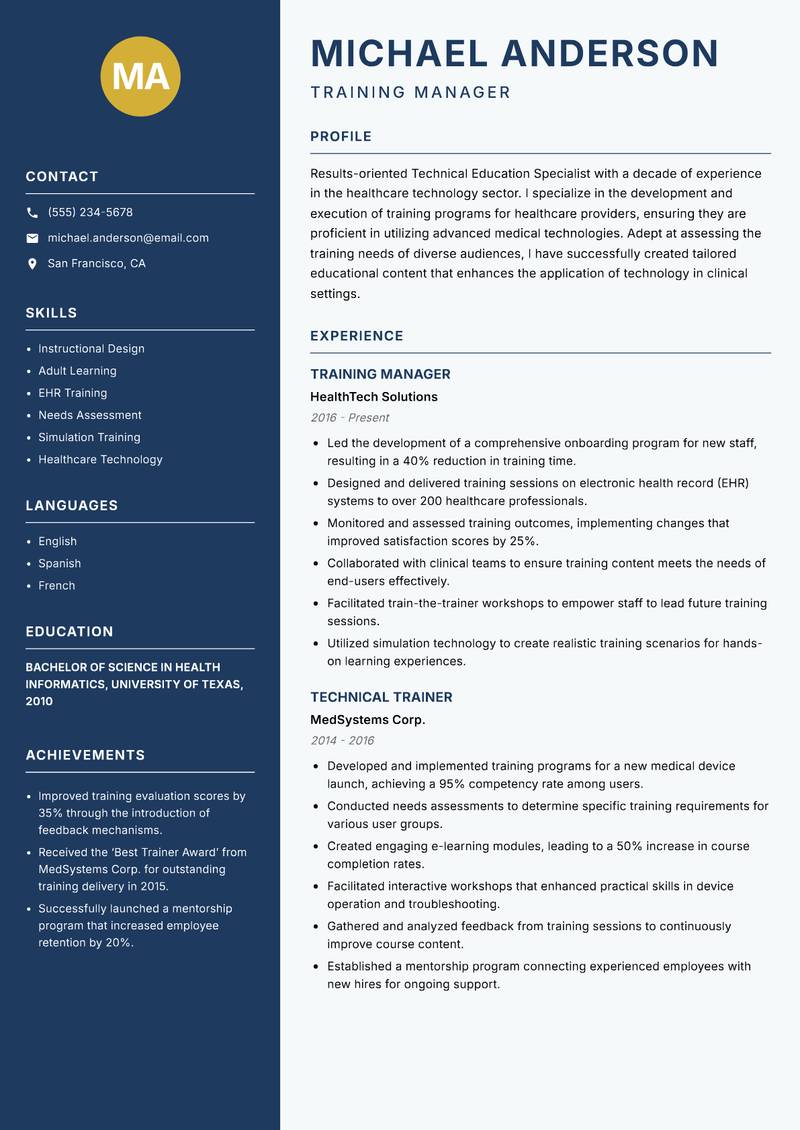 Technical Education Specialist Resume Preview Example