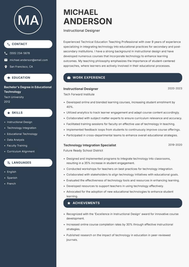 Technical Education Teaching Professional Resume Preview Example