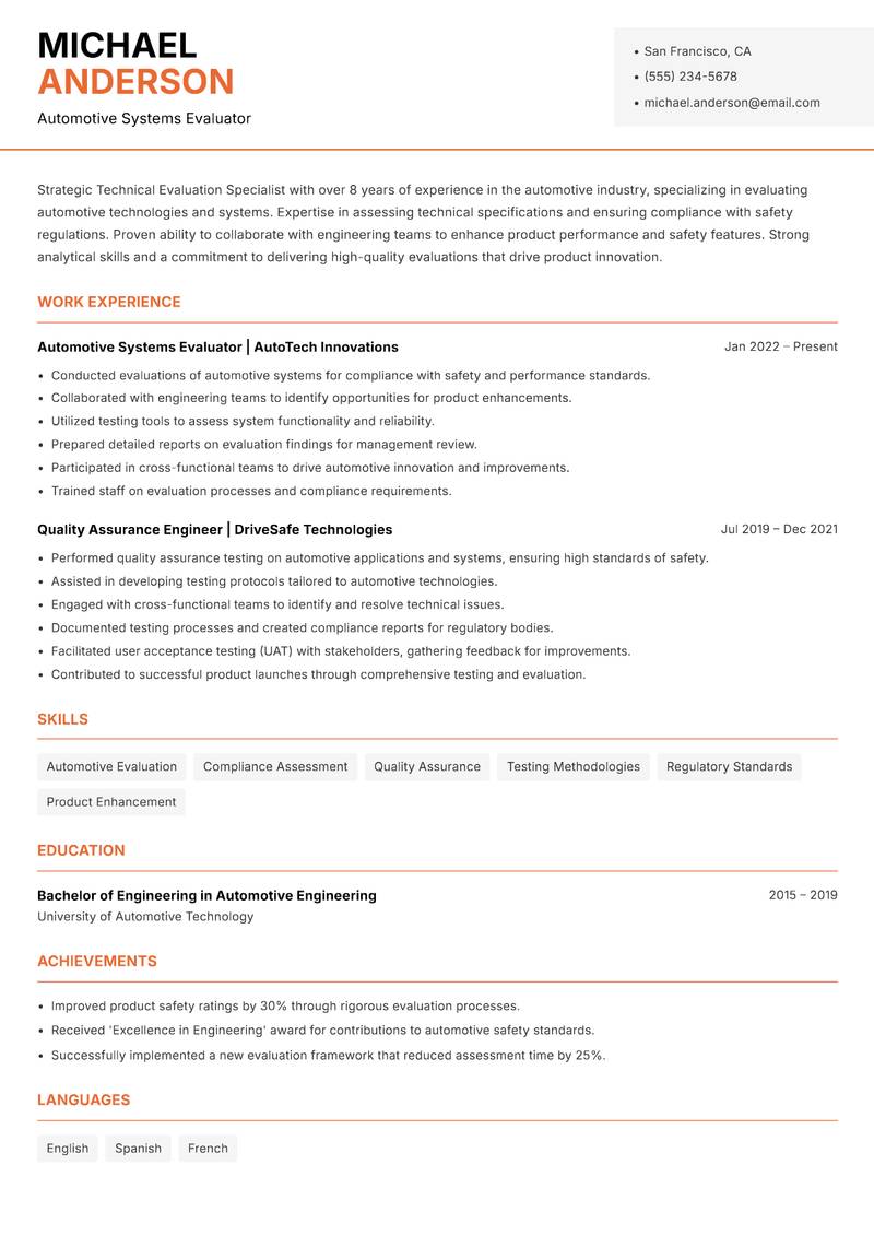 Technical Evaluation Specialist Resume Template