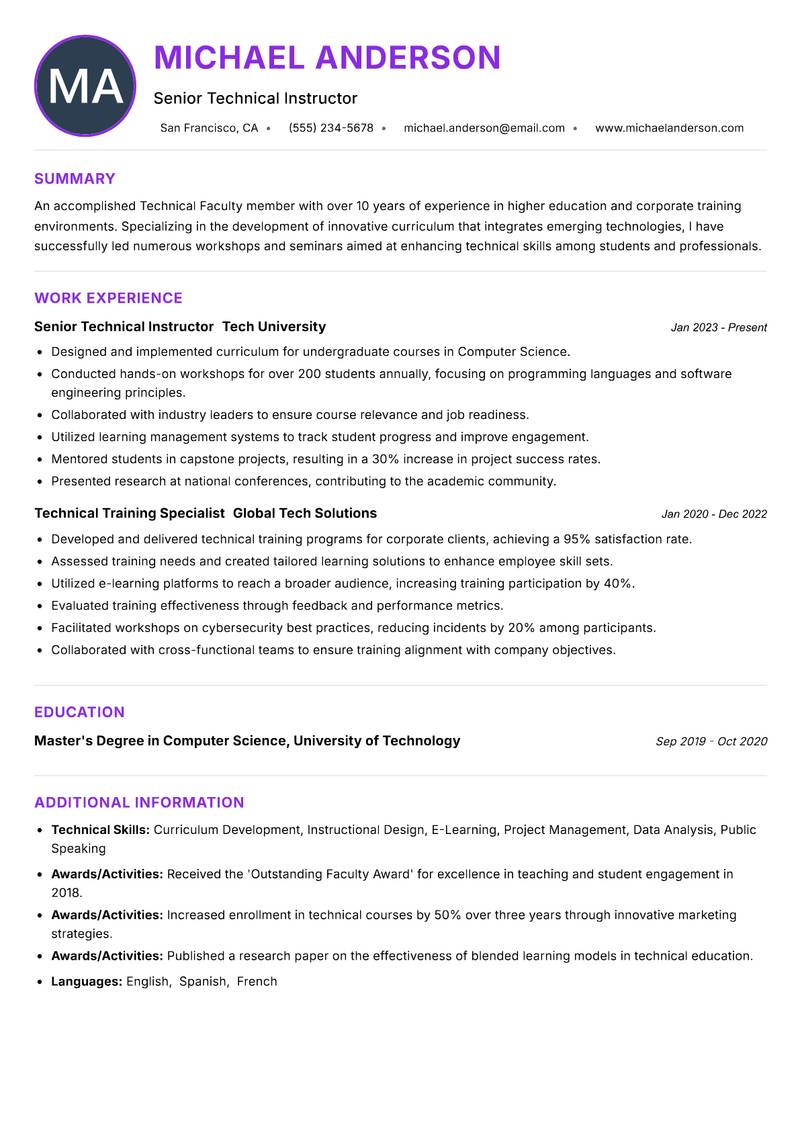 Technical Faculty Resume Preview Example