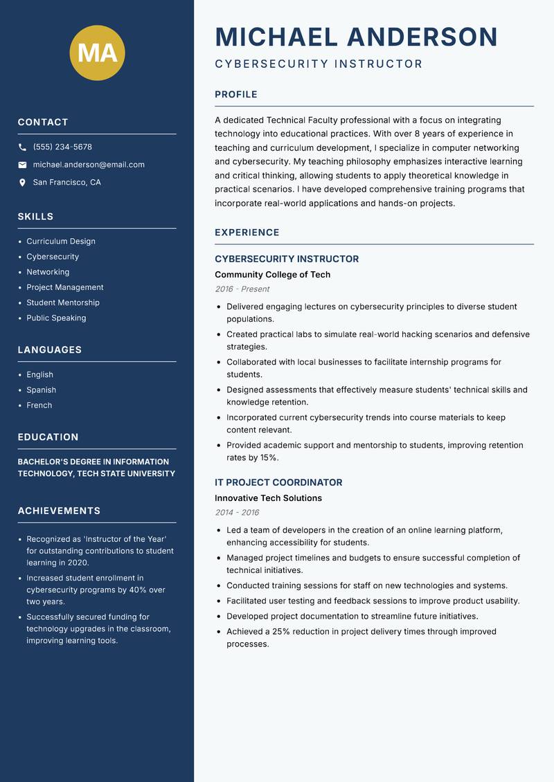 Technical Faculty Resume Preview Example