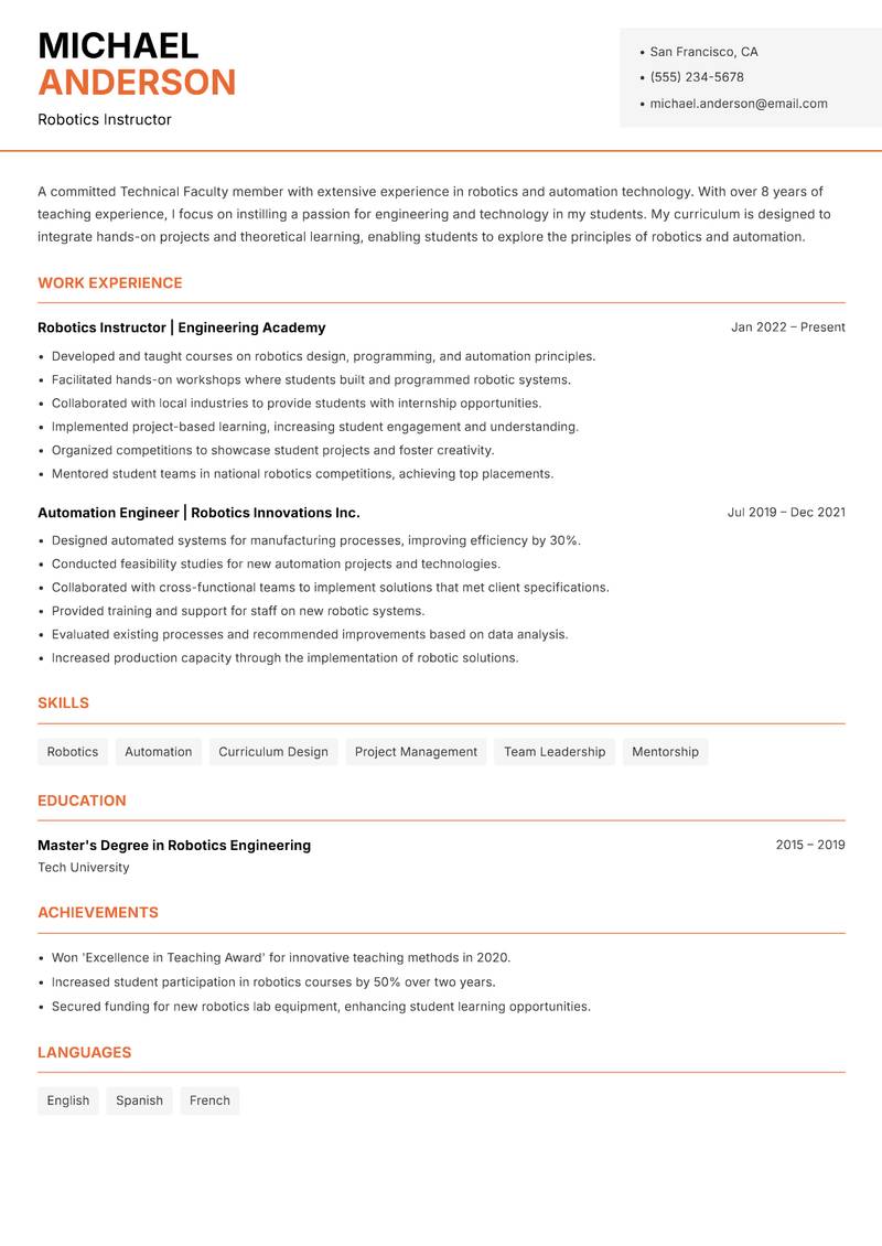 Technical Faculty Resume Template