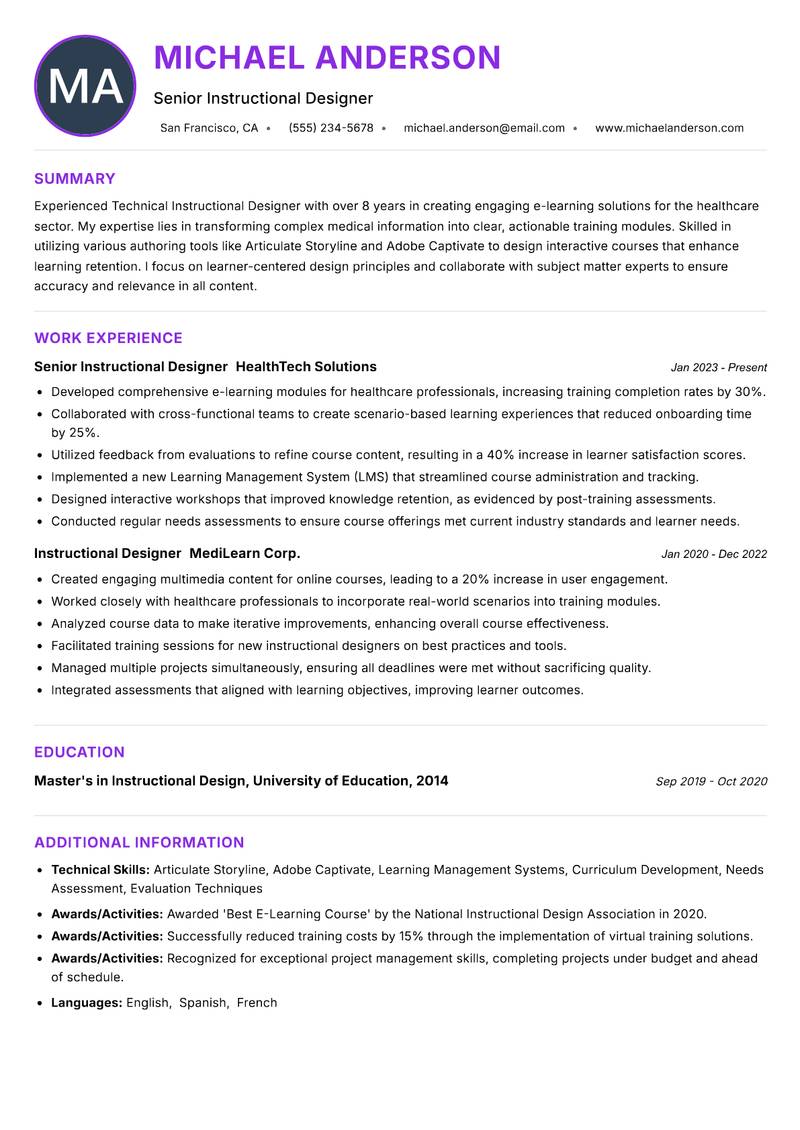 Technical Instructional Designer Resume Preview Example