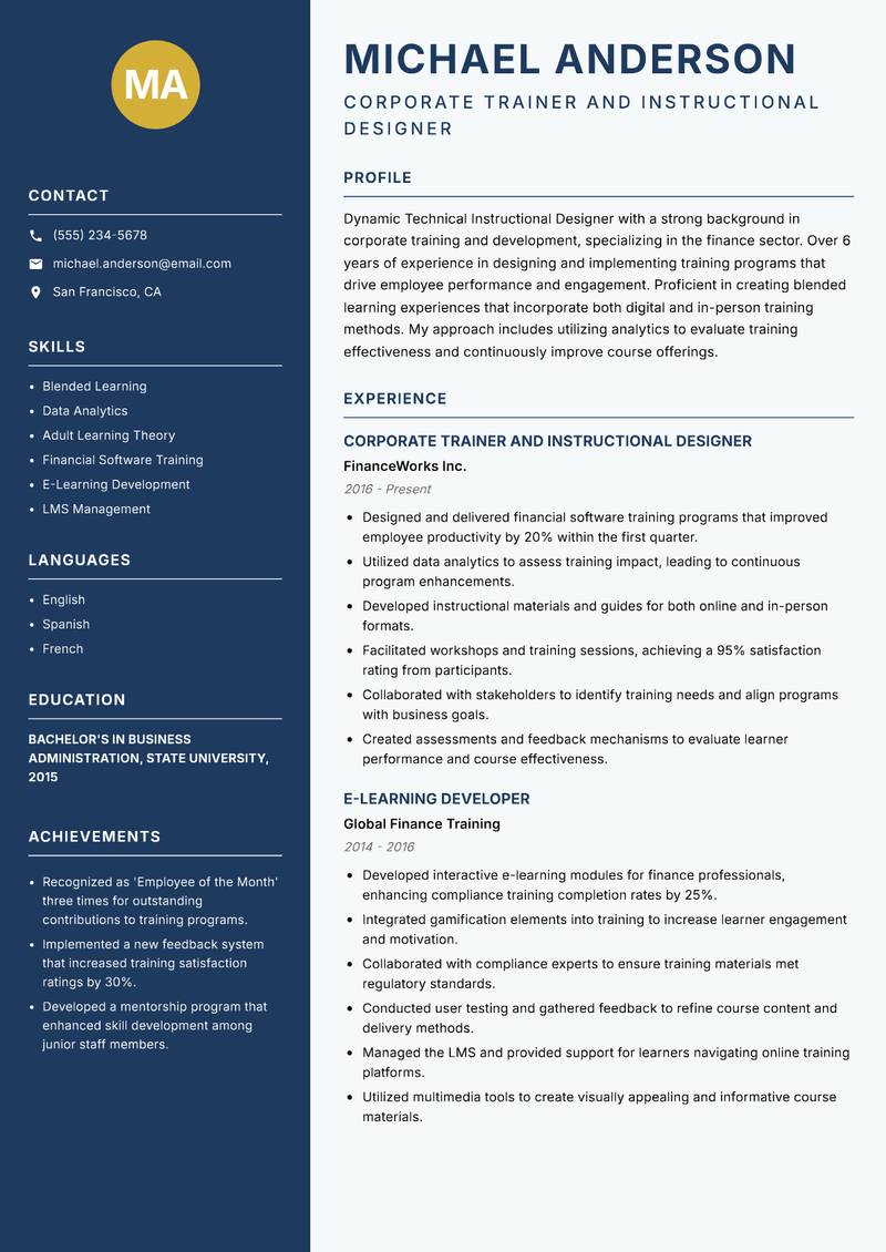 Technical Instructional Designer Resume Preview Example