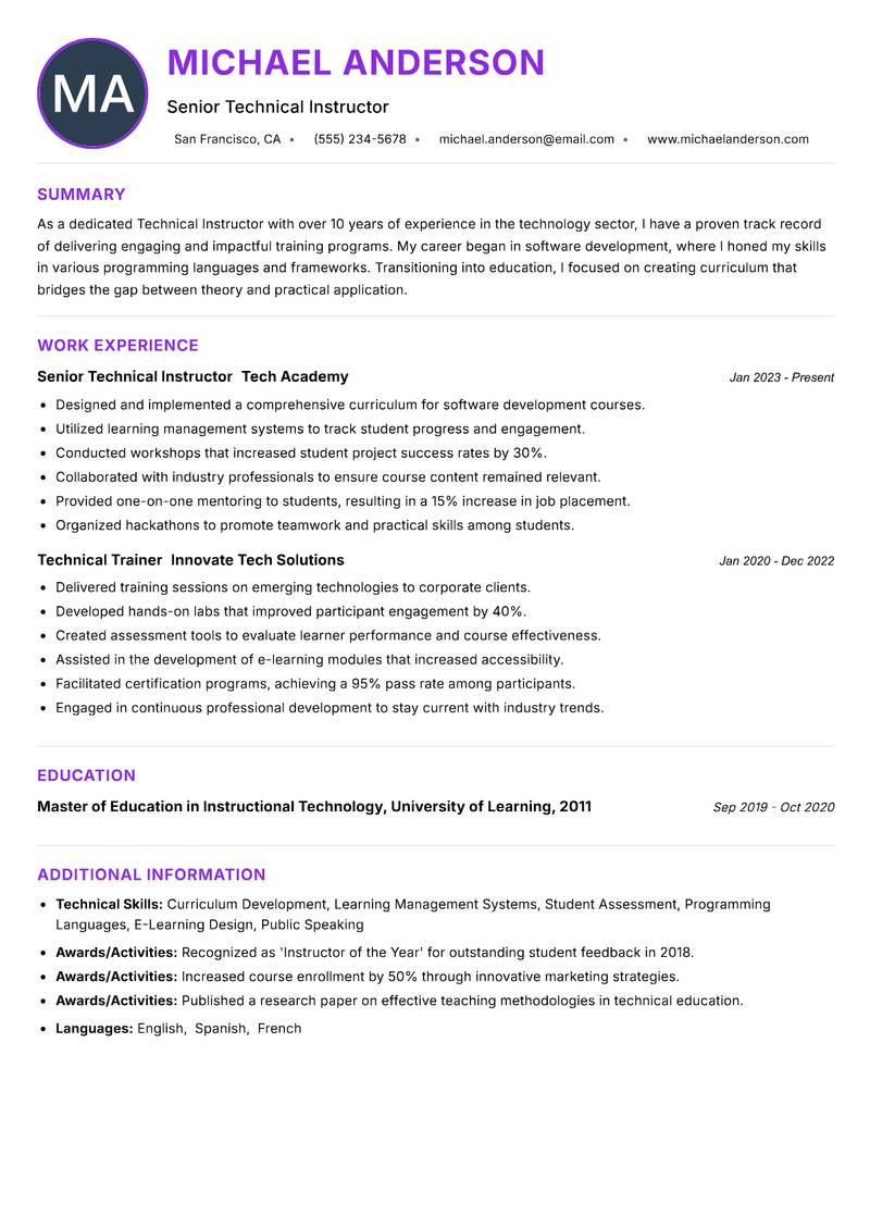 Technical Instructor Resume Preview Example