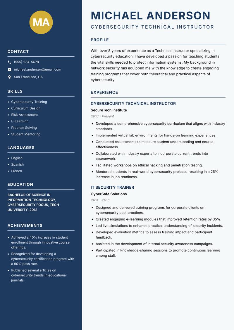 Technical Instructor Resume Preview Example