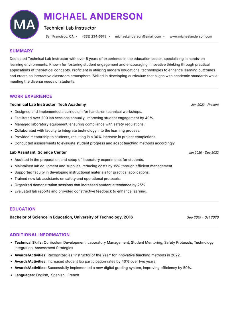 Technical Lab Instructor Resume Preview Example