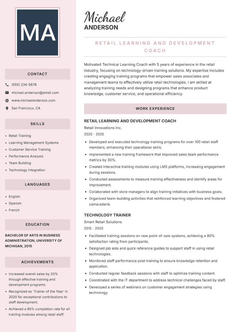 Technical Learning Coach Resume Preview Example