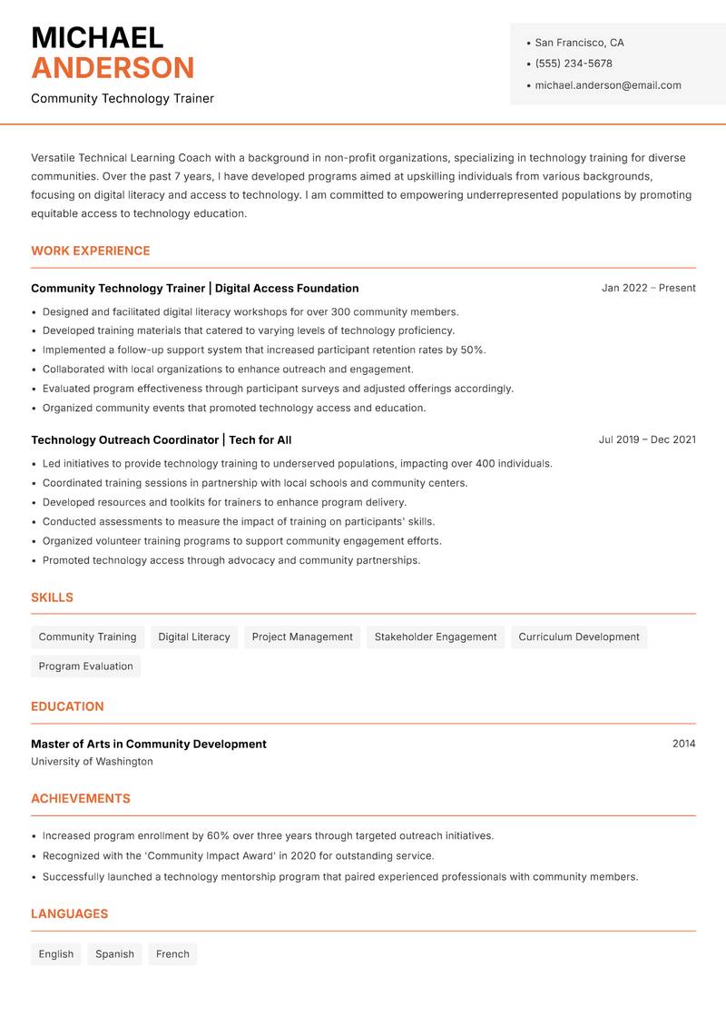 Technical Learning Coach Resume Template