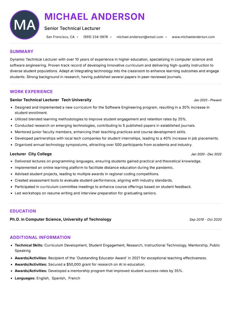 Technical Lecturer Resume Preview Example