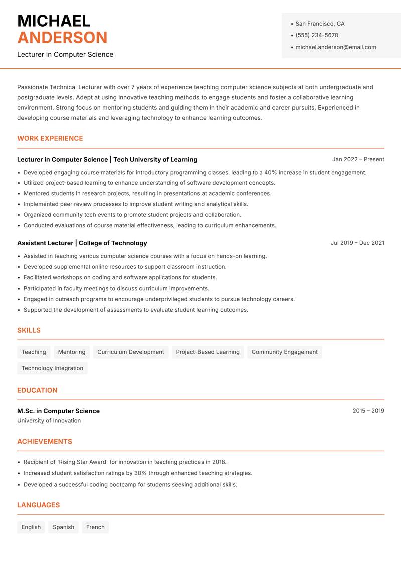 Technical Lecturer Resume Template
