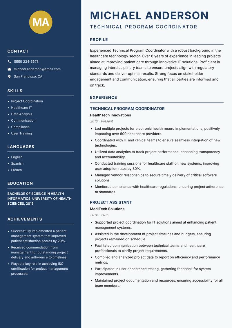 Technical Program Coordinator Resume Preview Example
