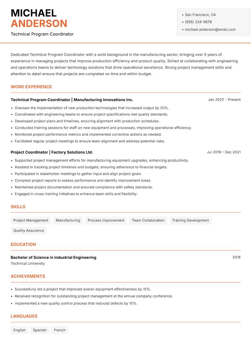 Technical Program Coordinator Resume Template