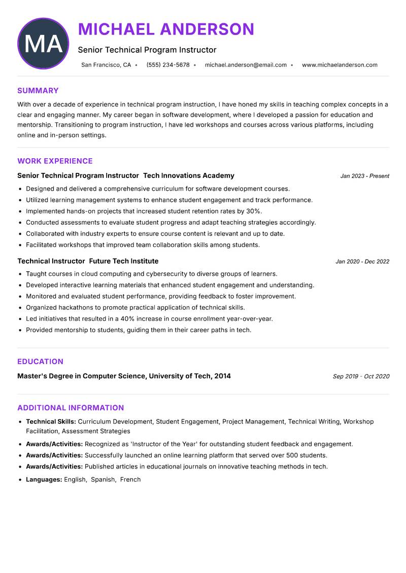 Technical Program Instructor Resume Preview Example