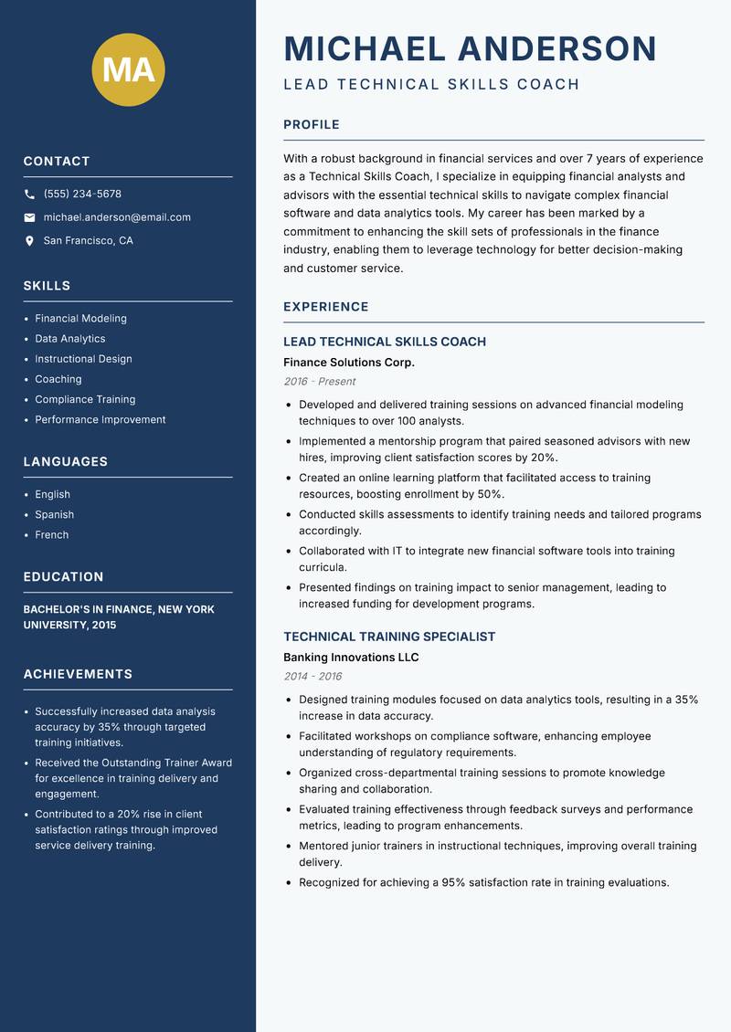 Technical Skills Coach Resume Preview Example