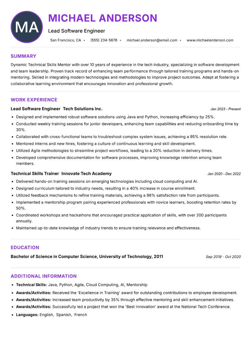 Technical Skills Mentor Resume Preview Example