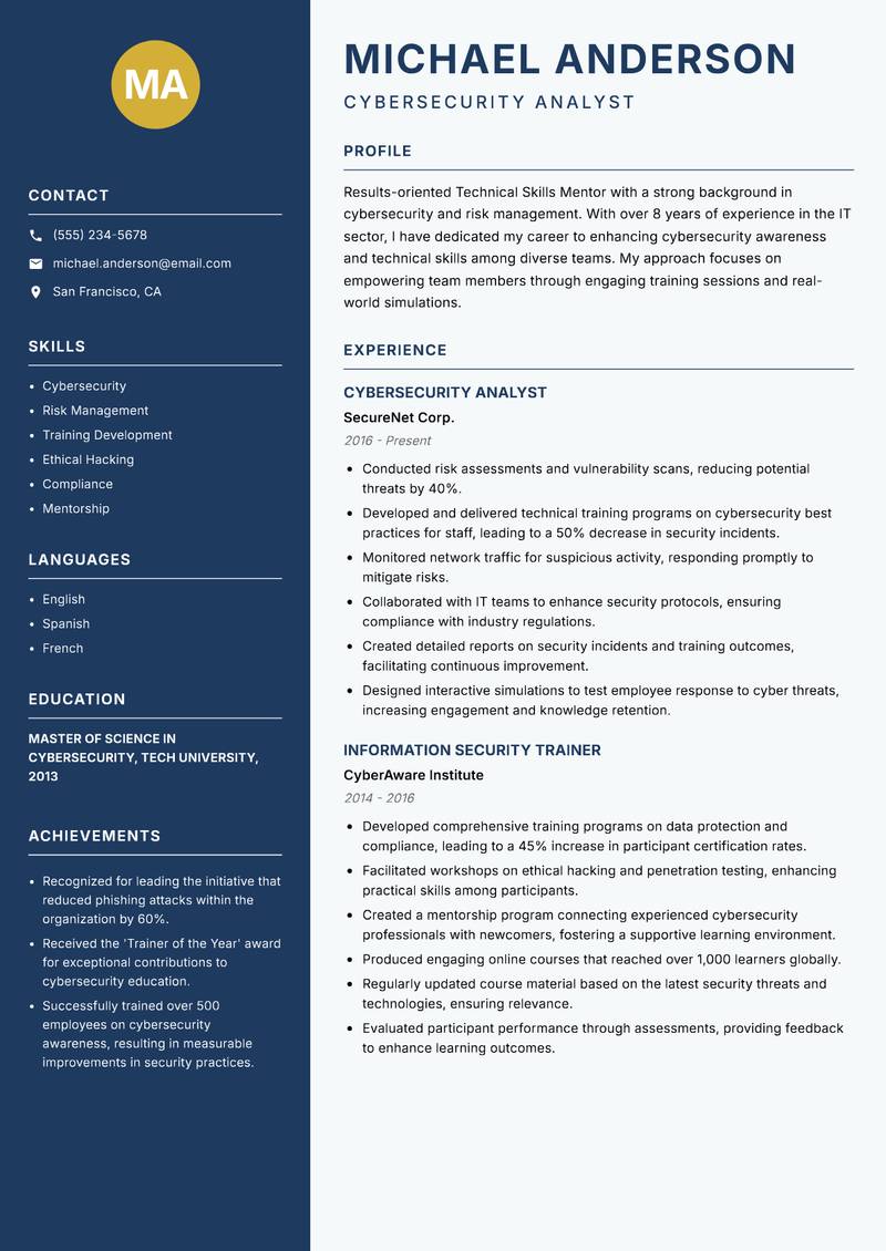 Technical Skills Mentor Resume Preview Example
