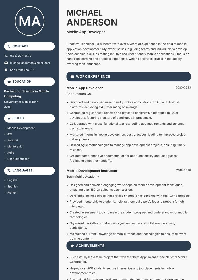 Technical Skills Mentor Resume Preview Example