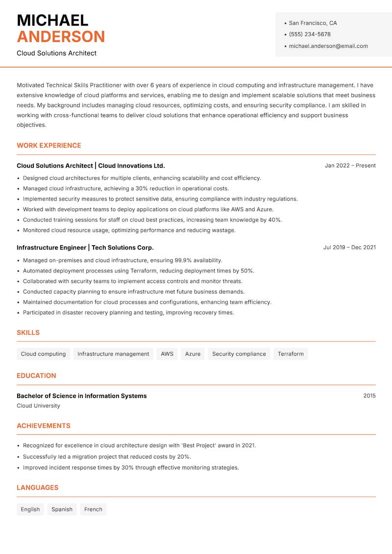 Technical Skills Practitioner Resume Template