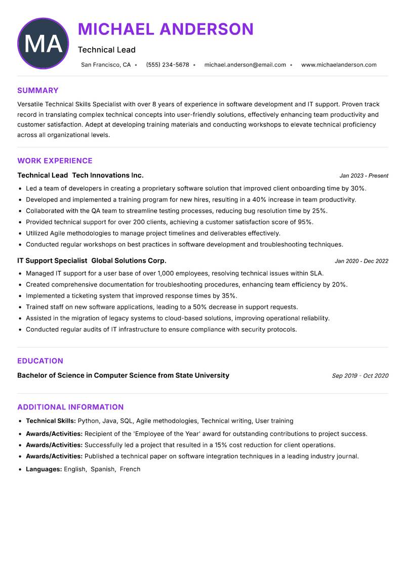 Technical Skills Specialist Resume Preview Example