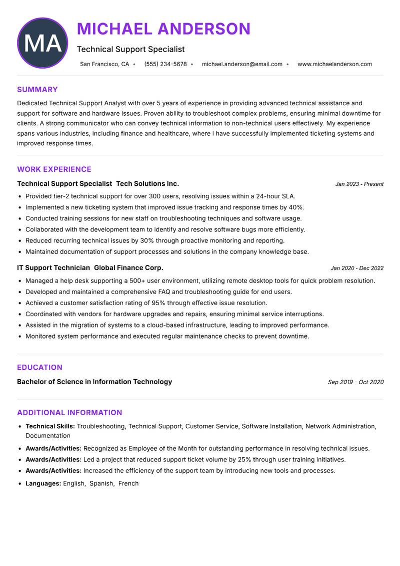 Technical Support Analyst Resume Preview Example