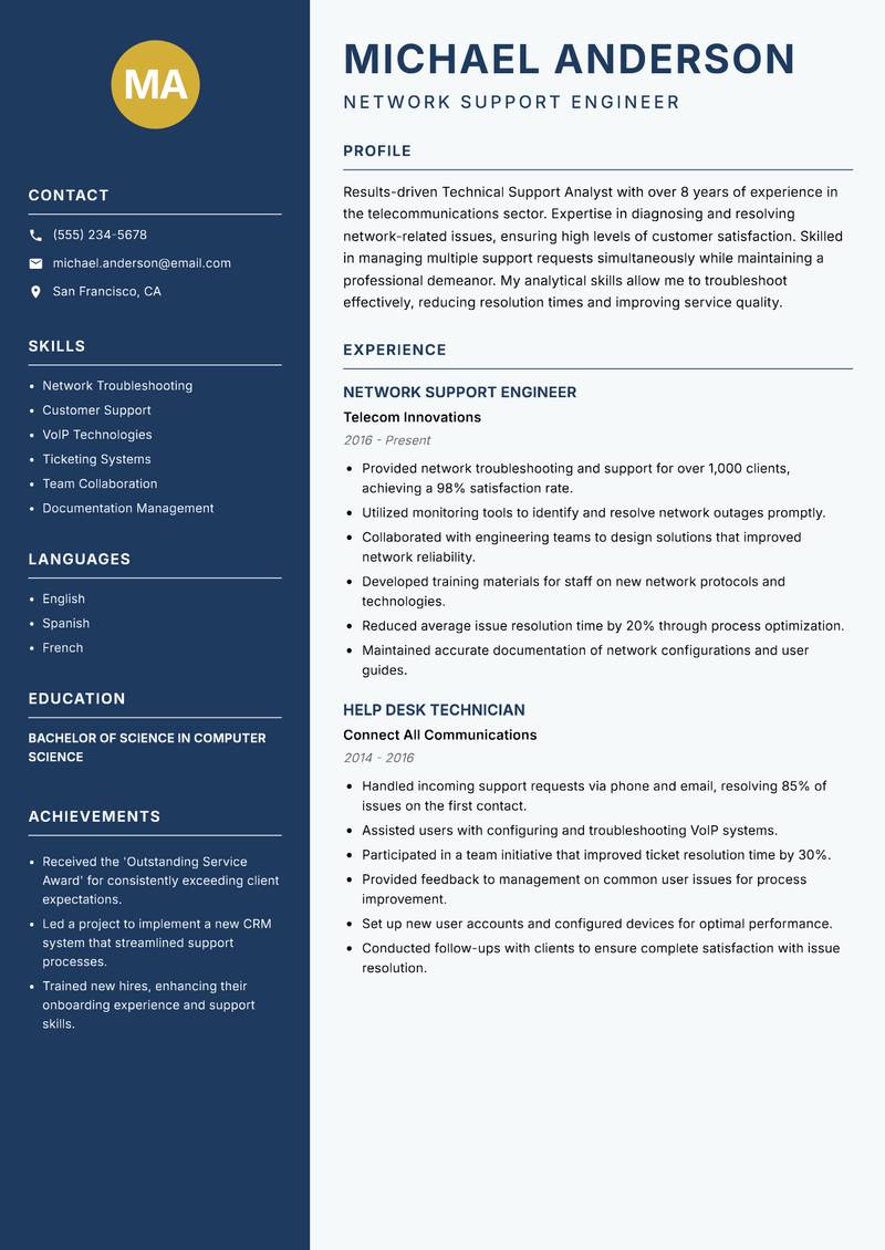 Technical Support Analyst Resume Preview Example