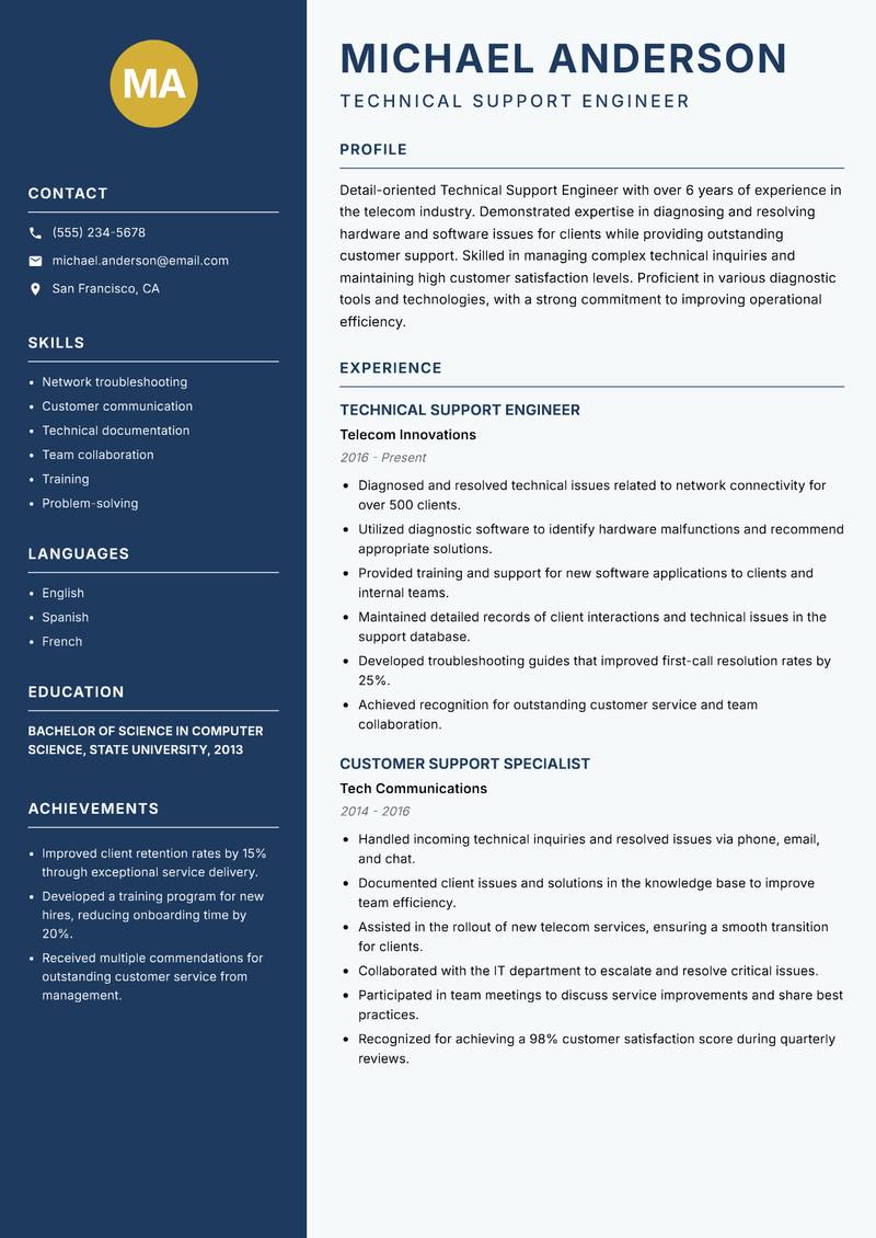 Technical Support Engineer Resume Preview Example