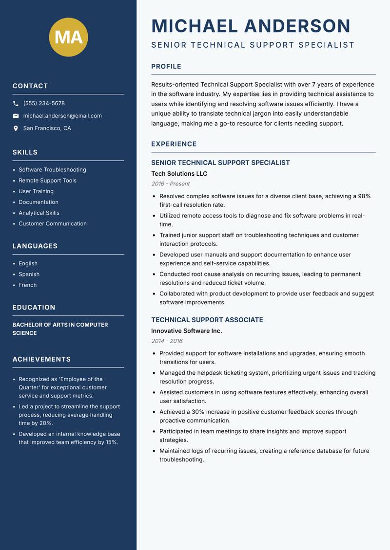 Technical Support Specialist Resume Preview Example