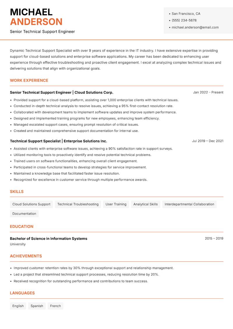 Technical Support Specialist Resume Template