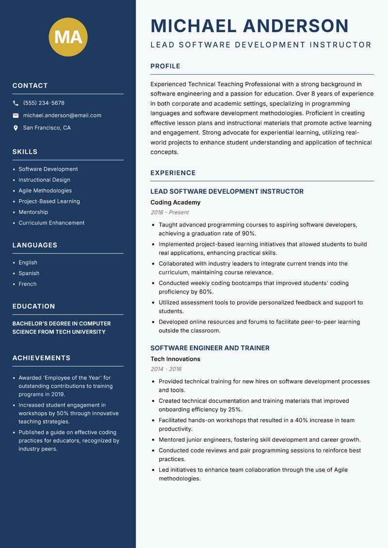 Technical Teaching Professional Resume Preview Example