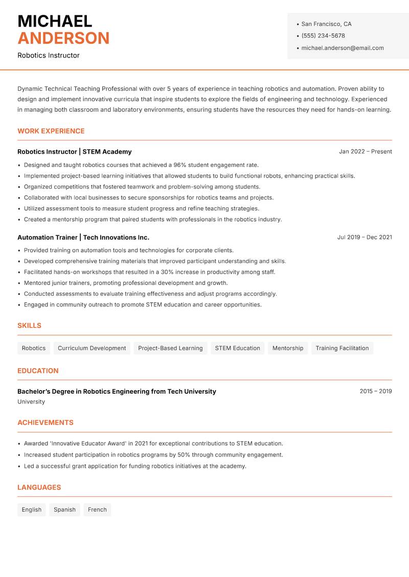 Technical Teaching Professional Resume Template