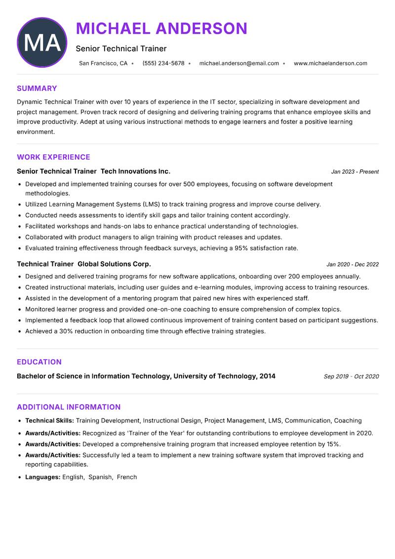 Technical Trainer Resume Preview Example