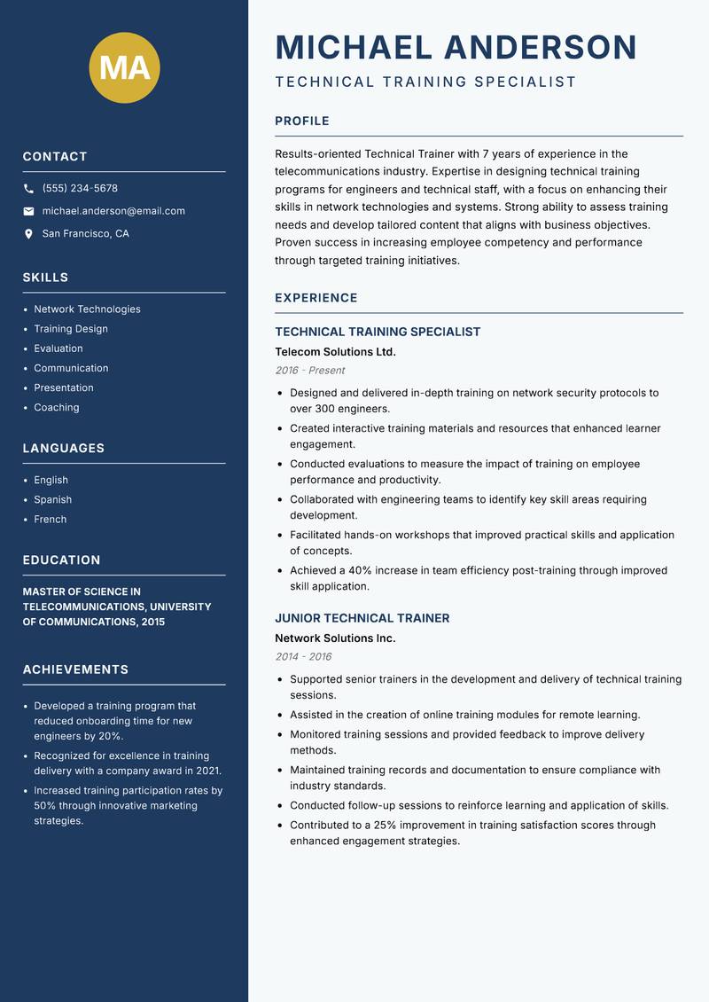 Technical Trainer Resume Preview Example
