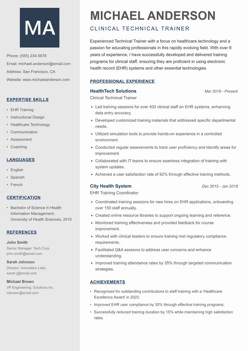 Technical Trainer Resume Preview Example