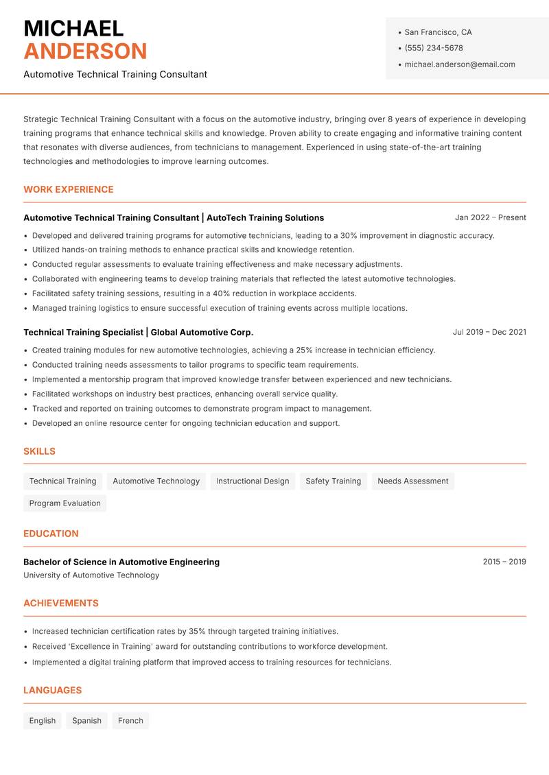 Technical Training Consultant Resume Template