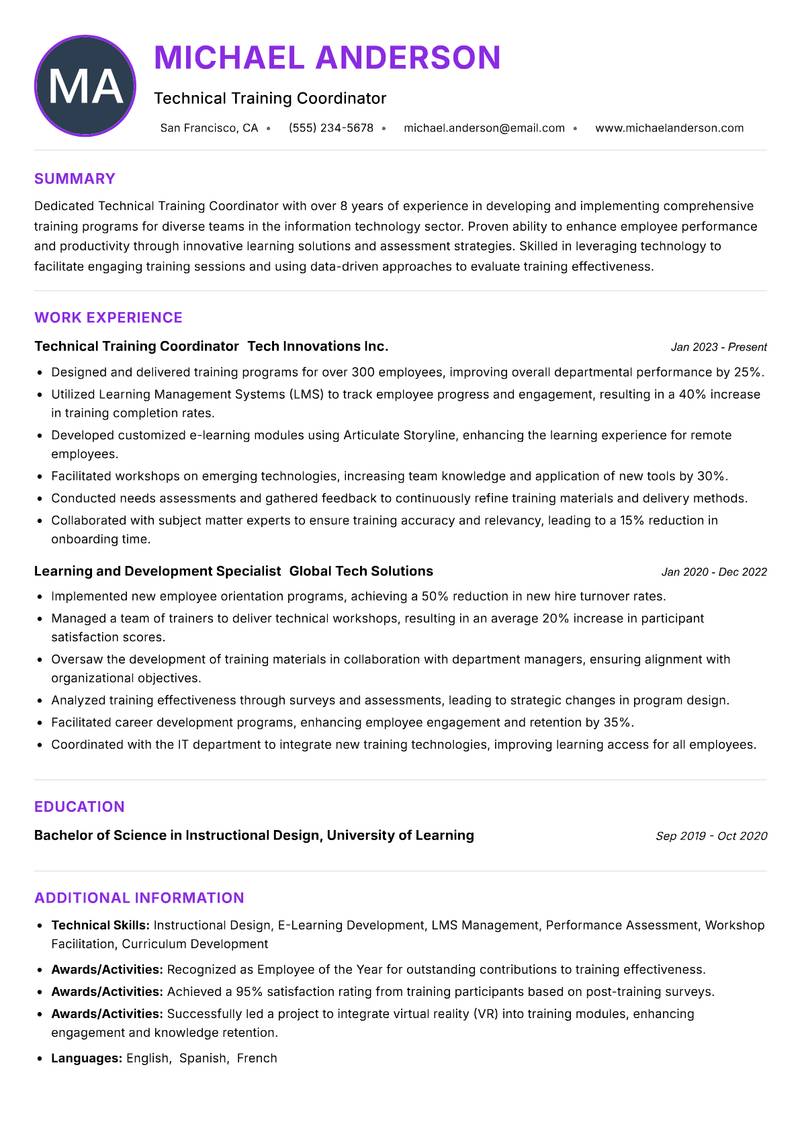 Technical Training Coordinator Resume Preview Example