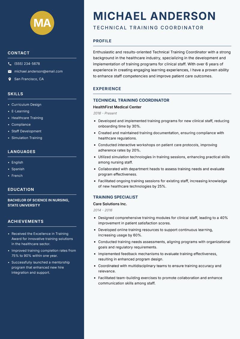 Technical Training Coordinator Resume Preview Example