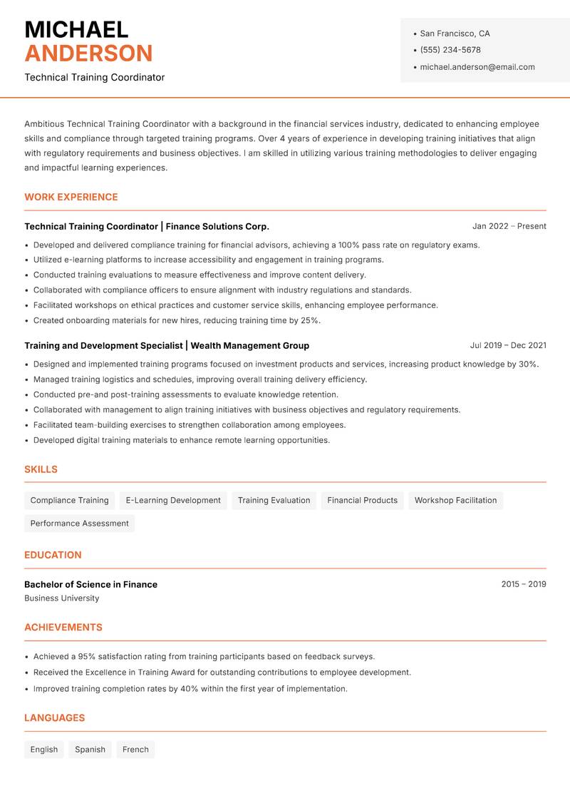 Technical Training Coordinator Resume Template