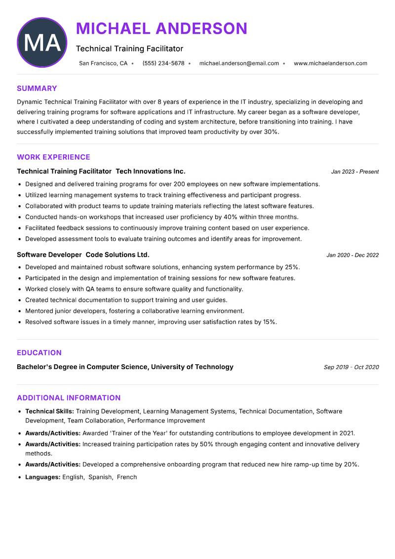 Technical Training Facilitator Resume Preview Example