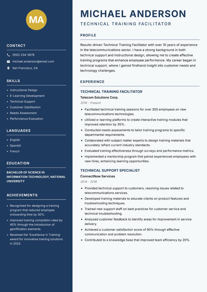 Technical Training Facilitator Resume Preview Example