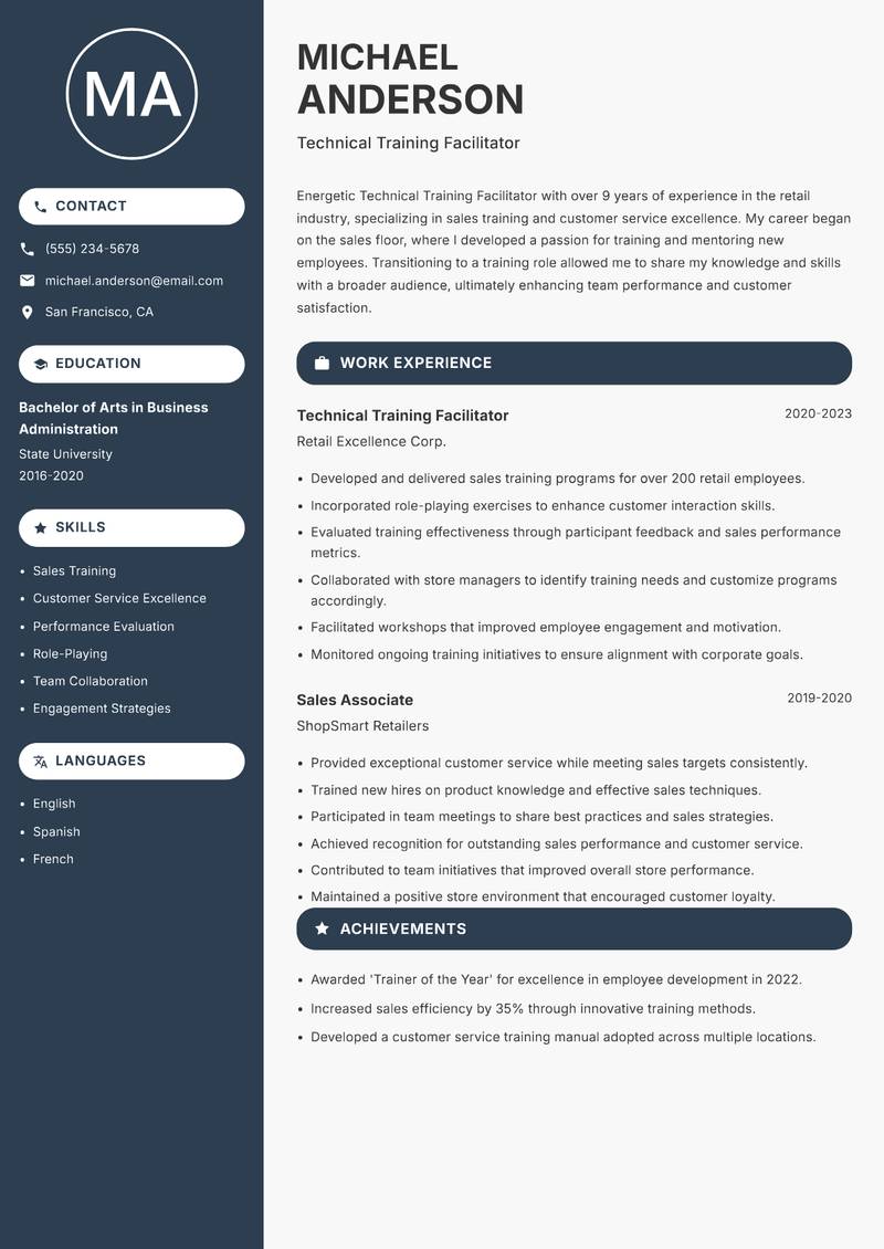 Technical Training Facilitator Resume Preview Example