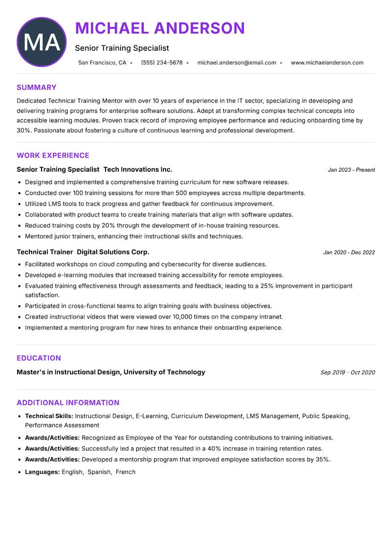 Technical Training Mentor Resume Preview Example