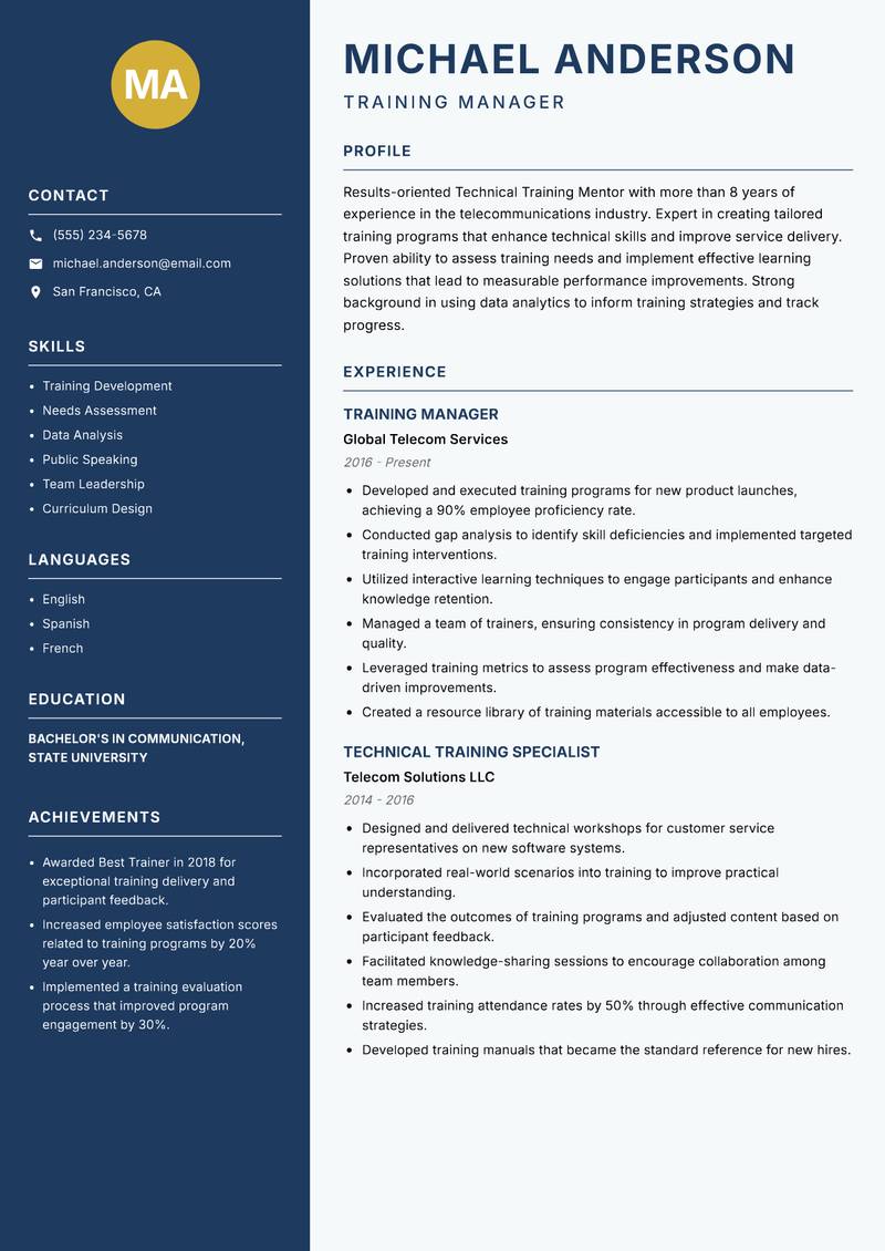 Technical Training Mentor Resume Preview Example