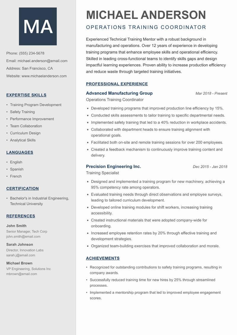 Technical Training Mentor Resume Preview Example