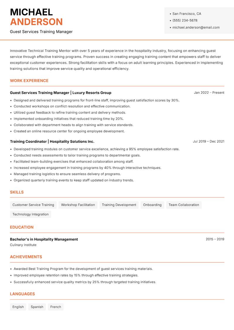 Technical Training Mentor Resume Template