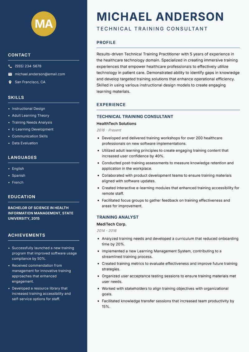 Technical Training Practitioner Resume Preview Example