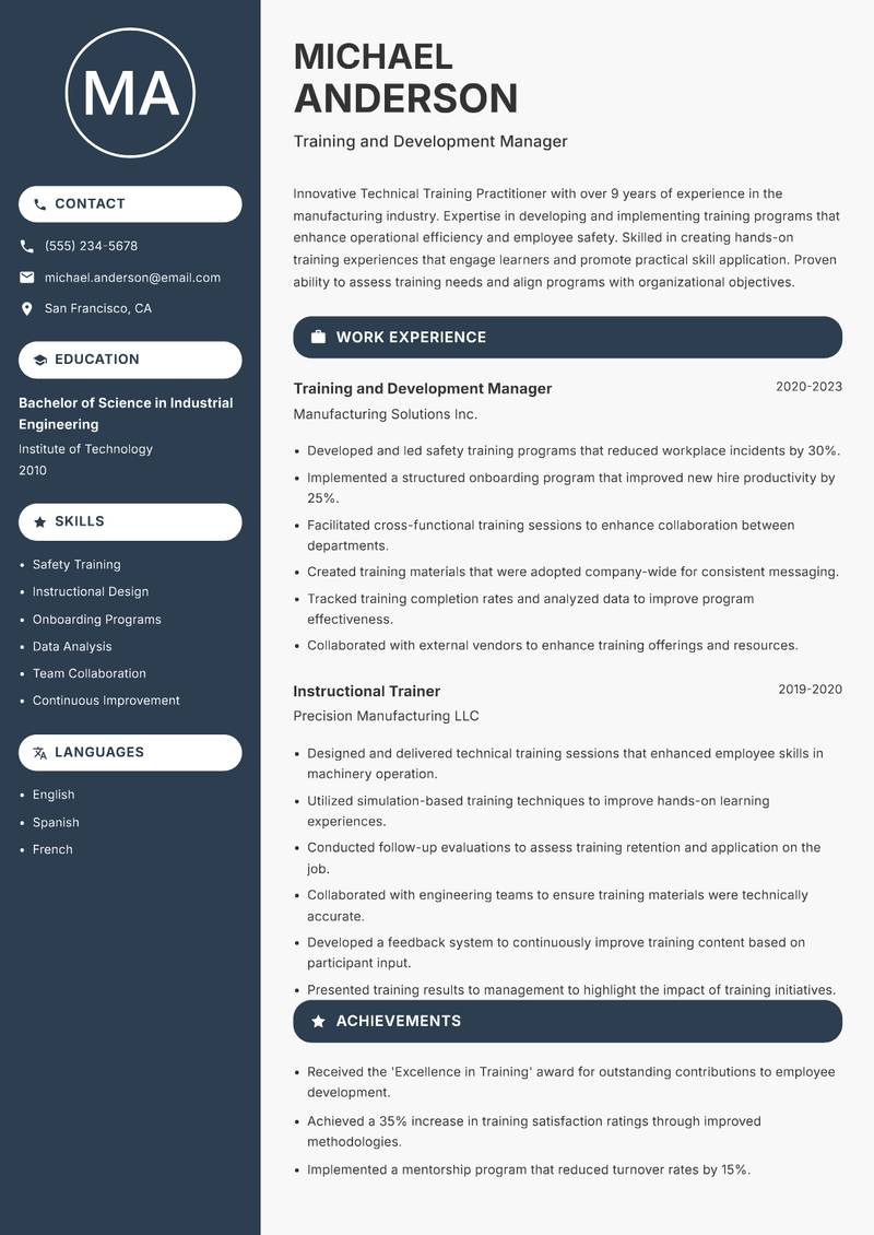 Technical Training Practitioner Resume Preview Example