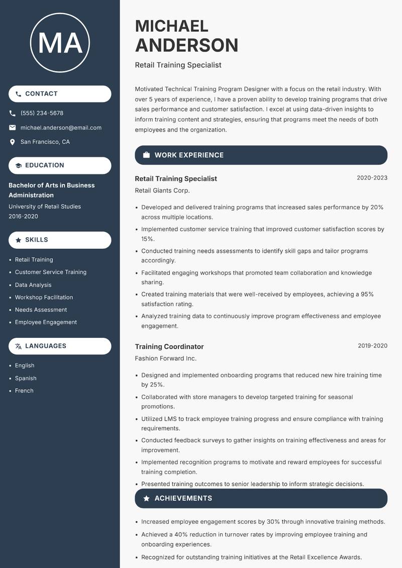 Technical Training Program Designer Resume Preview Example
