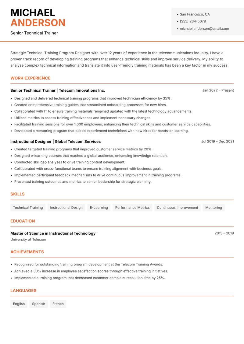 Technical Training Program Designer Resume Template